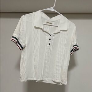 Free People White Textured Crop Top with Striped Sleeves